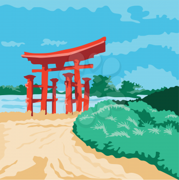 WPA style illustratoin of a Torii , a traditional Japanese gate most commonly found at the entrance of or within a Shinto shrine done in retro style. 