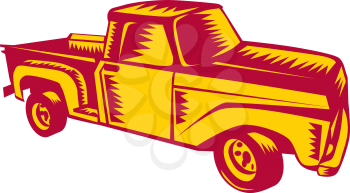 Illustration of a vintage classic pick-up truck viewed from side set on isolated white background done in retro woodcut style. 