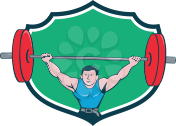 Illustration of a weightlifter deadlift lifting weights viewed from front set inside shield crest on isolated background done in cartoon style.