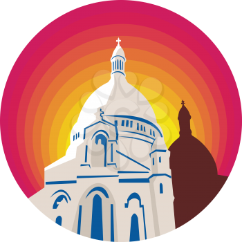WPA style illustration of a Catholic church dome cathedral set inside circle  done in retro style. 