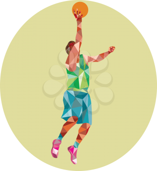 Low polygon style illustration of a basketball player lay up rebounding ball set inside circle. 
