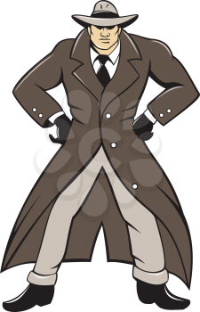 Illustration of a detective wearing trenchcoat and hat with hands akimbo viewed from front set on isolated white background done in cartoon style. 