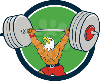 Cartoon style illustration of a bald eagle weightlifter lifting barbell looking up to the side set inside circle on isolated background. 