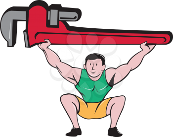 Illustration of a plumber weightlifter in a squat position lifting giant monkey wrench over head viewed from front set on isolated white background done in cartoon style. 