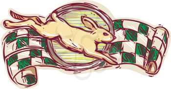 Drawing sketch style illustration of a rabbit jumping viewed from the side with racing flag in the background on isolated white background.