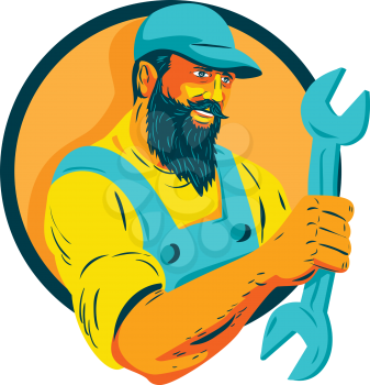 WPA style illustration of a bearded mechanic holding spanner looking to the side set inside circle on isolated background.