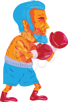WPA style illustration of a bearded boxer boxing viewed from the side set on isolated white background done in cartoon style. 