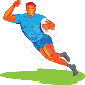WPA style illustration of a rugby player with ball running viewed from front set on isolated white background. 