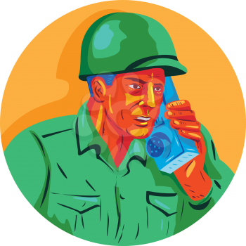 WPA style illustration of a World War two American soldier serviceman talking on field radio walkie-talkie viewed from front set inside circle on isolated background. 