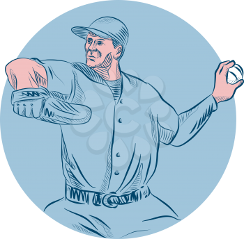 Drawing sketch style illustration of an american baseball player pitcher outfilelder throwing ball  looking to the side set inside circle set on isolated background. 