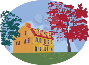WPA style illustration of a colonial house with trees set inside circle on isolated background. 