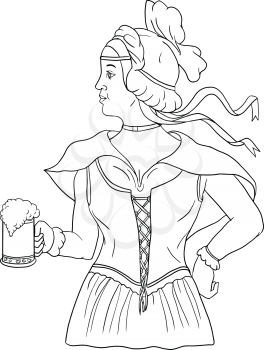 Drawing sketch style illustration of a German barmaid wearing medieval renaissance costume dress holding a beer mug viewed from side set on isolated white background. 