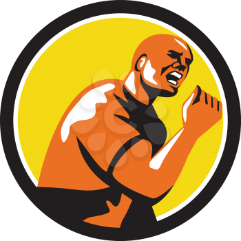 Illustration of a man fist pump looking to the side viewed from low angle set inside circle done in retro style.