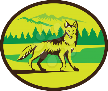 Illustration of a coyote looking front viewed from the side set inside oval shape with mountain trees landscape in the background done in retro style. 