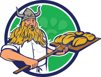 Illustration of a viking warrior raider barbarian baker holding peel with dough bread facing front set inside circle on isolated background done in retro style.