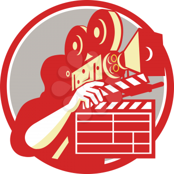 Illustration of a cameraman movie director holding vintage movie film camera and clapboard set inside circle on isolated background done in retro style.