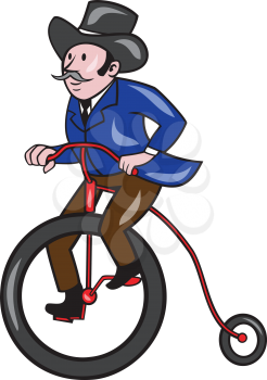 Illustration of a gentleman wearing tophat riding a Penny-farthing, high wheel or high wheeler viewed from the side set on isolated white background done in cartoon style. 