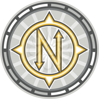 Illustration of a stylized true north compass with letter N in the middle set inside circle done in retro style. 