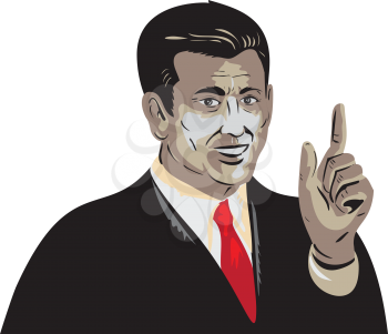 WPA style illustration of a businessman pointing up smiling viewed from front set on isolated white background. 
