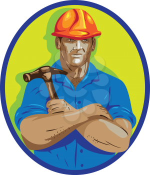 WPA style illustration of a construction worker wearing hardhat holding hammer with arms crossed viewed from front set inside circle on isolated background. 