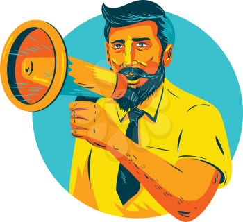 WPA style illustration of bearded hipster man holding megaphone viewed from front set inside circle on isolated background. 