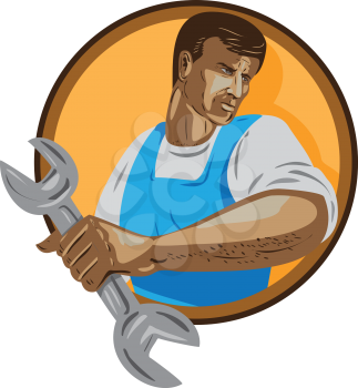 WPA style illustration of a mechanic worker looking to the side holding spanner wrench set inside circle on isolated background. 