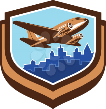 Illustration of a vintage passenger DC10 airplane take off with cityscape buildings in background set inside crest shield done in retro style. 