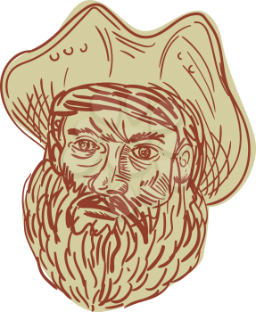 Drawing sketch style illustration of a head of a bearded pirate wearing hat viewed from front set on isolated white background. 