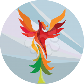 Illustration of a mythical phoenix bird rising up burning aspen tree set inside circle done in retro style on isolated background.