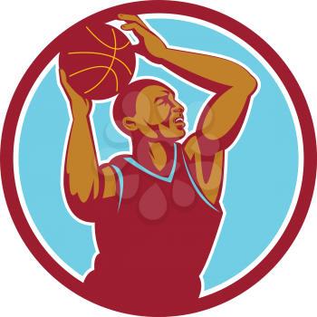 Illustration of a basketball player with ball rebounding lay up set inside circle viewed from the side done in retro style.