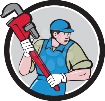 Illustration of a plumber wearing hat running holding giant monkey wrench looking to the side viewed from front set inside circle on isolated background done in cartoon style. 
