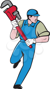 Illustration of a plumber wearing hat running holding giant monkey wrench looking to the side viewed from front set on isolated white background done in cartoon style. 