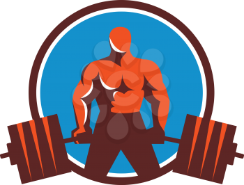 Illustration of a weightlifter lifting barbell midlift viewed from front set inside circle done in retro style. 