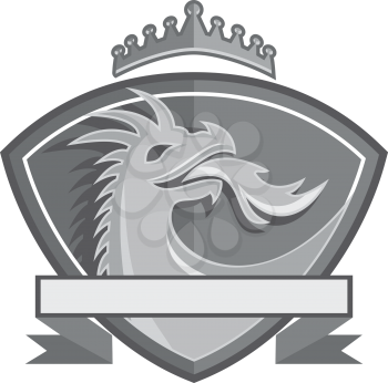 Illustration of a dragon head breathing fire viewed from the side set inside shield crest with crown done in retro metallic style. 