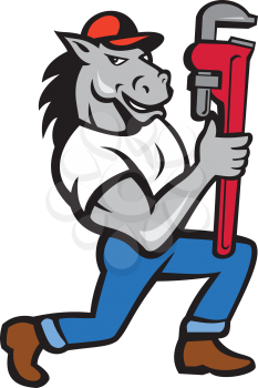 Illustration of a horse plumber kneeling holding monkey wrench set on isolated white background done in cartoon style. 