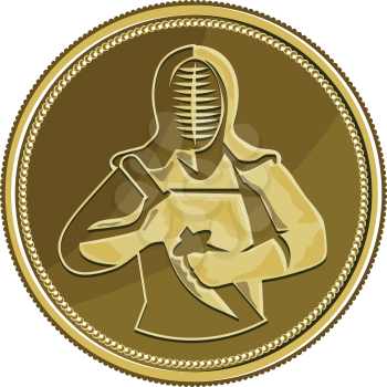 Illustration of a kendo kendoka swordsman with bamboo sword or shinai  and protective armour or bōgu set inside gold brass coin medal viewed from front done in retro style. 