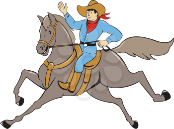 Illustration of a cowboy with arm raised riding horse viewed from the side set on isolated white background done in cartoon style.