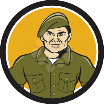 Illustration of an army ranger standing in full attention viewed from front set inside circle on isolated background done in cartoon style. 