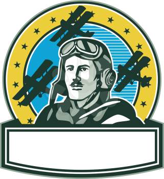 Illustration of a vintage world war one pilot airman aviator with mustache bust with spad biplane fighter planes and stars in background set inside circle done in retro style. 