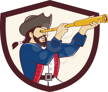 Illustration of a pirate looking into spyglass viewed from the side set inside shield crest done in cartoon style. 