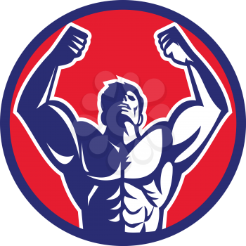 Illustration of a male body builder flexing muscles looking up viewed from front set inside circle on isolated background done in retro style. 