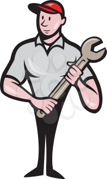 Illustration of a mechanic worker standing looking to the side carrying spanner viewed from front set on isolated white background done in cartoon style. 