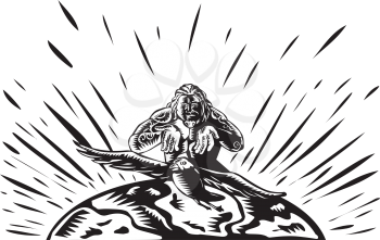 Illustration of Samoan legend god Tagaloa releasing his plover bird daughter to come down to the earth island to populate them done in retro woodcut style