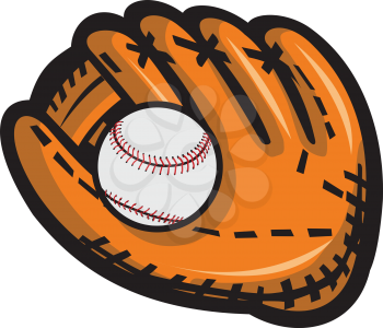 Illustration of a baseball glove and ball viewed from front set on isolated white background done in retro style. 