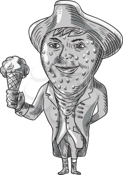 Drawing sketch style illustration of a victorian gentleman with strawberry head wearing tricorn hat holding ice cream cone facing front set on isolated white background done in black and white. 
