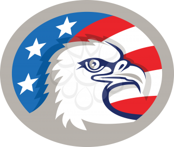 Illustration of an american bald eagle head viewed from the side with usa american stars and stripes flag in the background set inside oval shape done in retro style. 