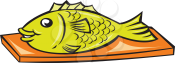 Illustration of a fish on a chopping board set on isolated white background done in cartoon style. 