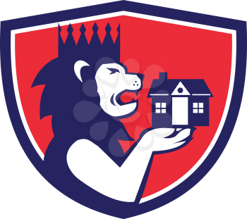 Illustration of a king lion with crown holding house with its paw viewed from the side set inside shield crest done in retro style. 