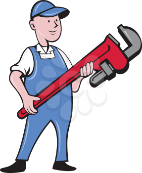 Illustration of a mechanic cradling holding giant pipe wrench standing looking to the side viewed from front set on isolated white background done in cartoon style. 