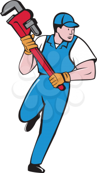 Illustration of a plumber running holding giant pipe wrench looking to the side viewed from front set on isolated white background done in cartoon style. 